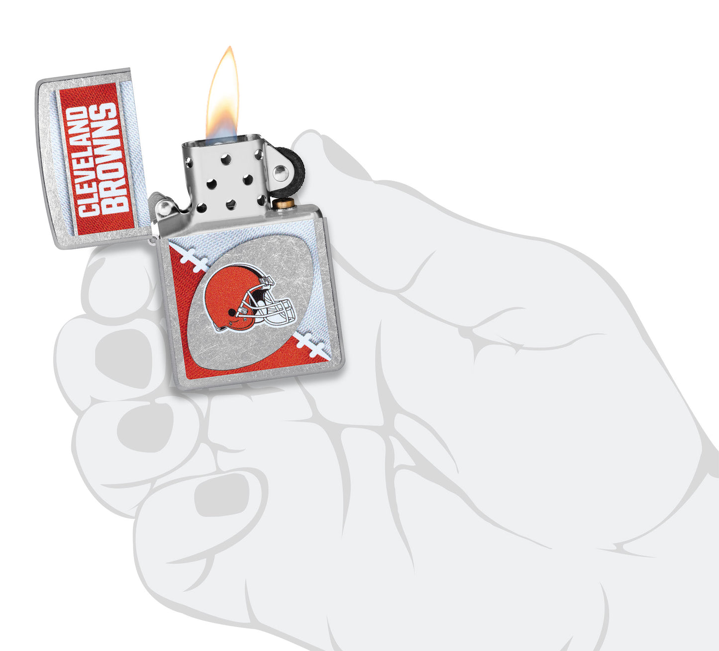 Zippo NFL Cleveland Browns Street Chrome Windproof Lighter lit in hand.