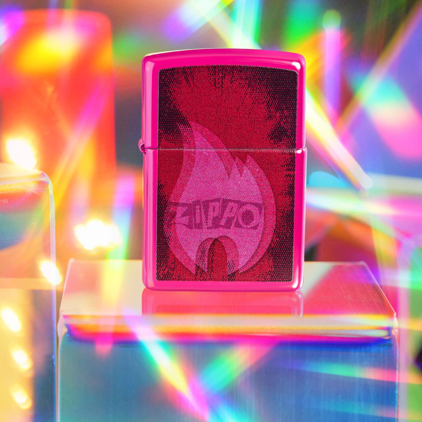 Lifestyle image of Zippo Pulse Design Frequency Windproof Lighter standing on a cube with prism lights surrounding it.