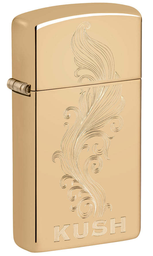 Front shot of Zippo Slim® Kush Design High Polish Brass Windproof Lighter standing at a 3/4 angle.
