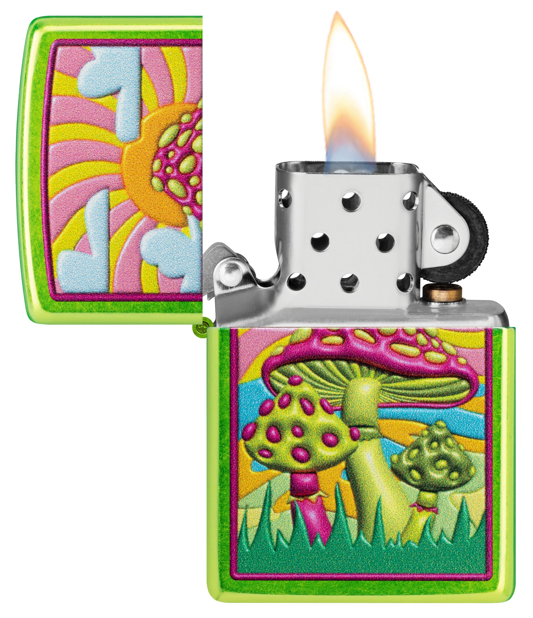 Zippo Spotted Mushrooms Design Lurid Windproof Lighter with its lid open and lit.