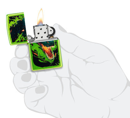 Zippo Screaming Dragon Design Lurid Windproof Lighter lit in hand.