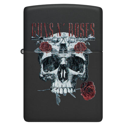 Front view of Zippo Guns N' Roses Flower Skull Design Black Matte Windproof Lighter.