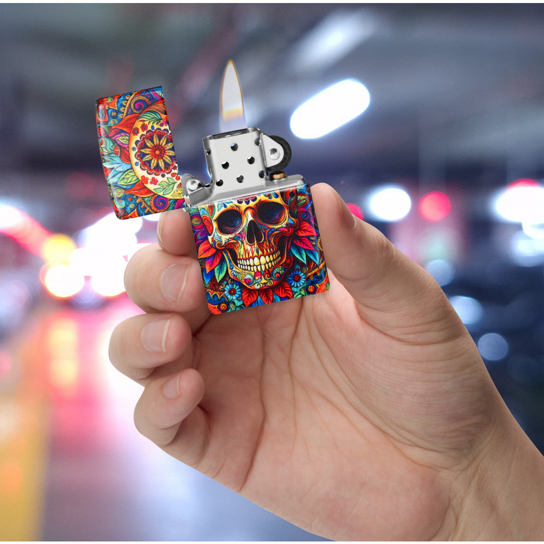 Zippo Day of the Dead Skull Design 540 Matte Windproof Lighter lit in hand.