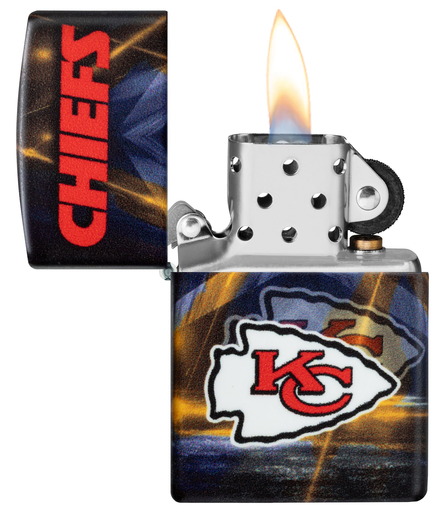 Zippo NFL Kansas City Chiefs 540 Matte Windproof Lighter with its lid open and lit.