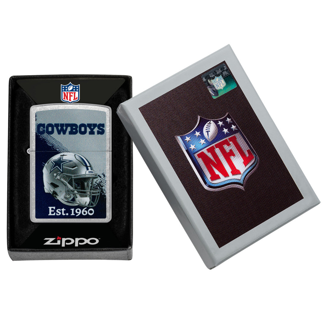 Zippo NFL Dallas Cowboys Helmet Design Street Chrome Windproof Lighter in its packaging.