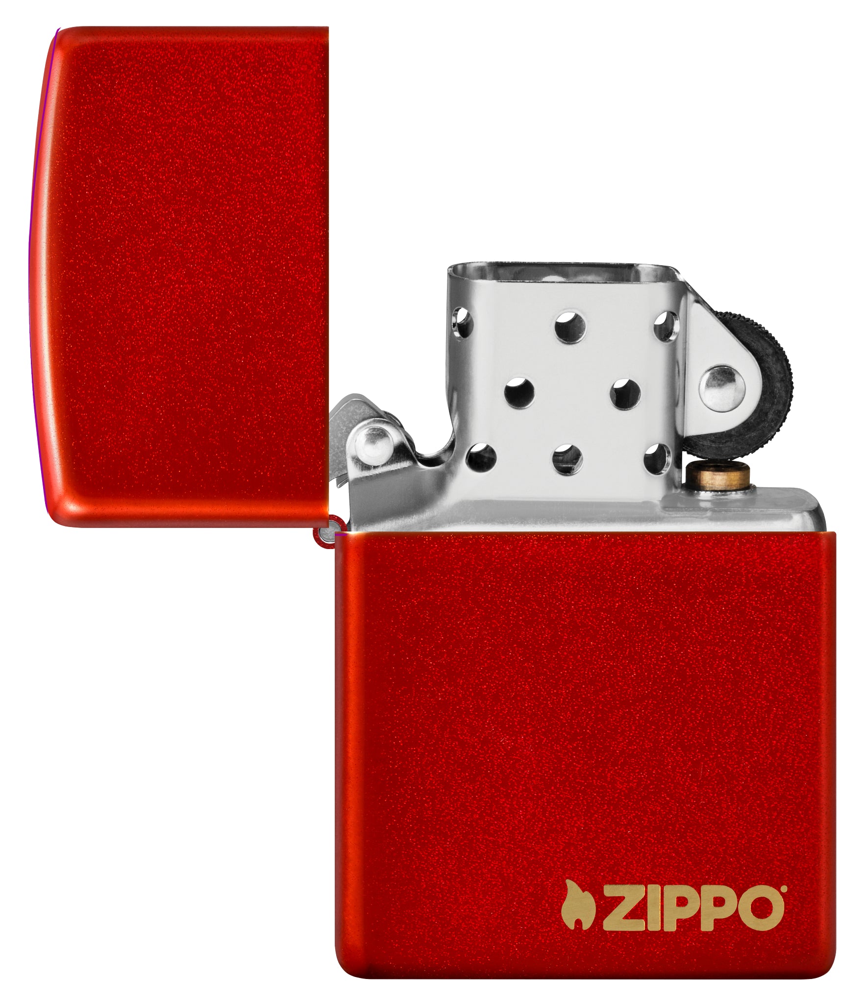 Classic Metallic Red Zippo Logo Windproof Lighter with its lid open and unlit.