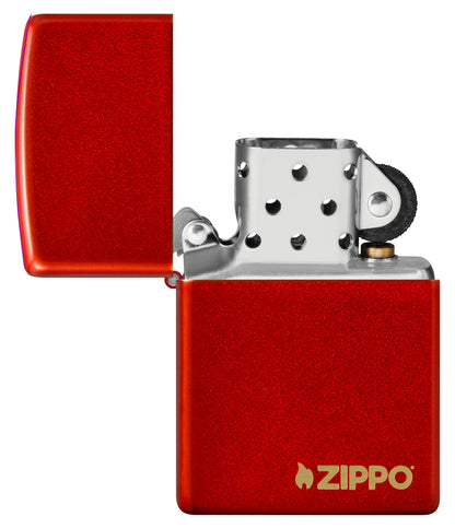 Classic Metallic Red Zippo Logo Windproof Lighter with its lid open and unlit.