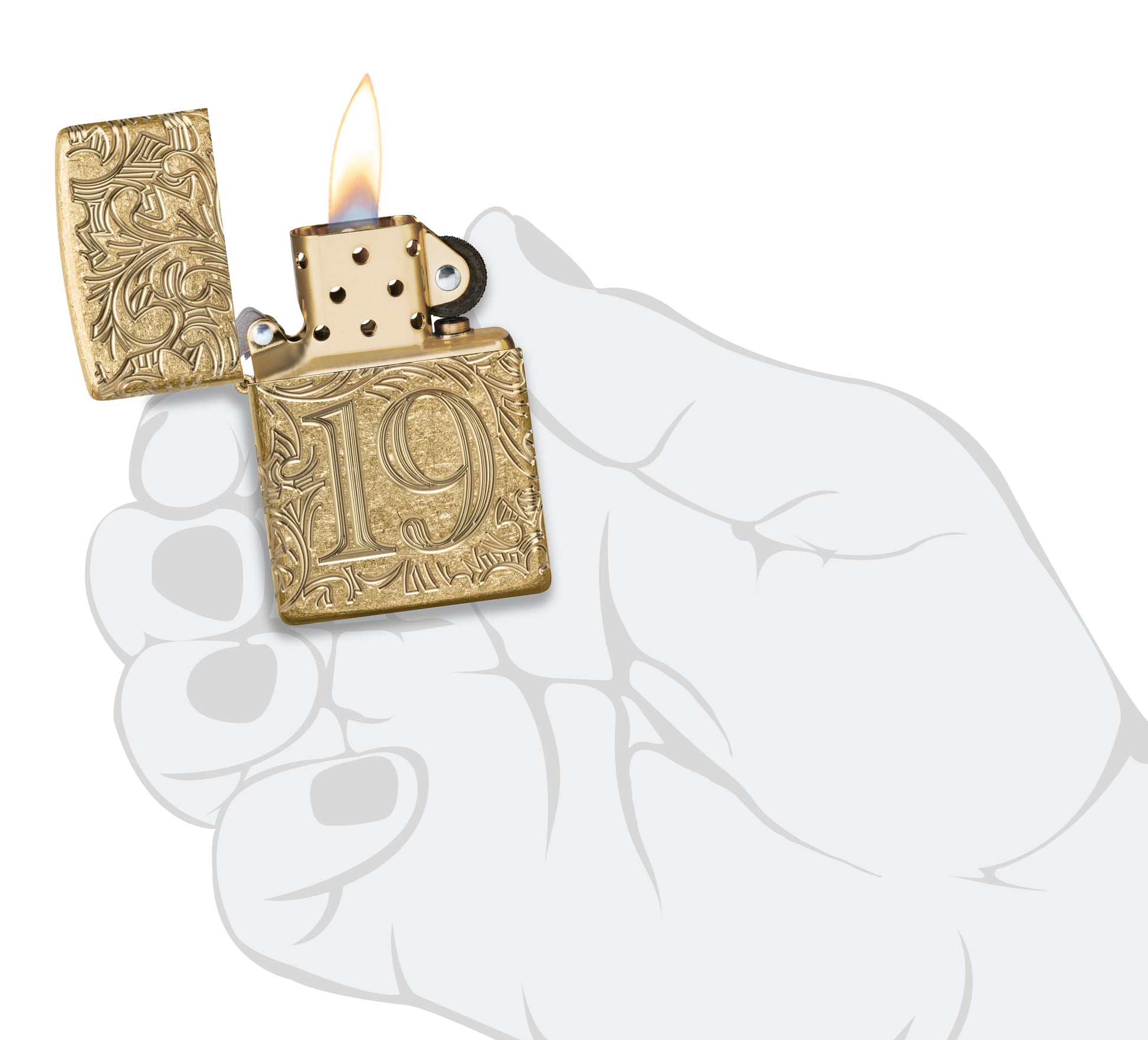 Zippo 1932 Filigree Design  Armor® Tumbled Brass Windproof Lighter lit in hand.