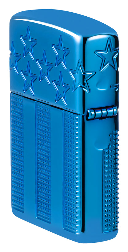 Angled shot of  Zippo Stars and Stripes Design Armor® High Polish Blue Windproof Lighter showing the back and hinge side of the lighter.