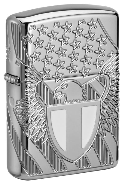 Front of Zippo Liberty Crest Collectible Armor® High Polish Chrome Windproof Lighter standing at a 3/4 angle.