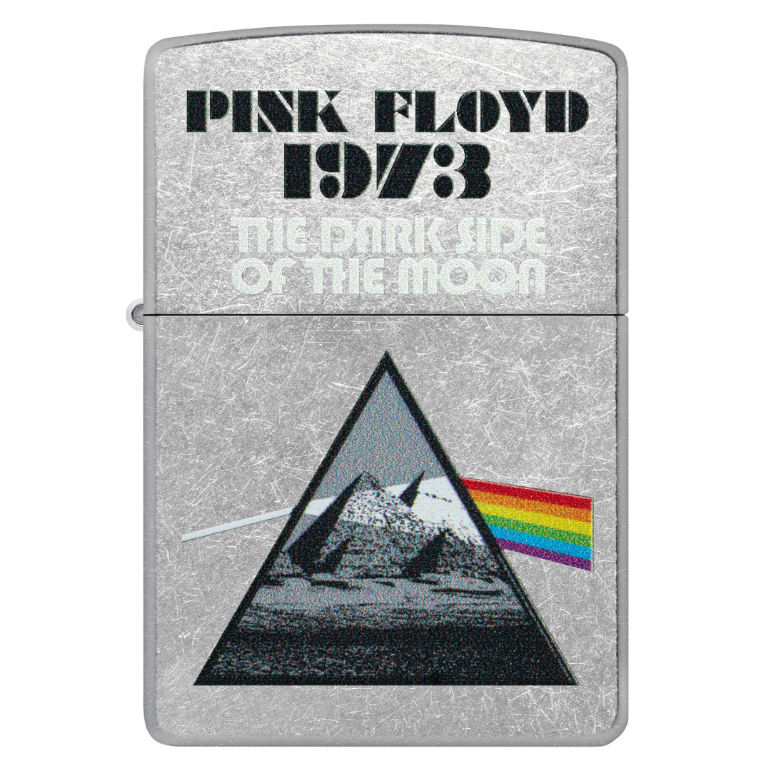 Front view of Zippo Pink Floyd 1973 Design Street Chrome Windproof Lighter.