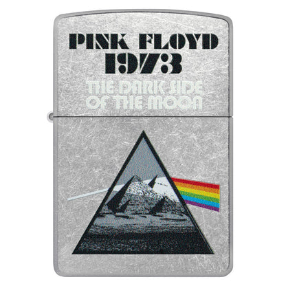 Front view of Zippo Pink Floyd 1973 Design Street Chrome Windproof Lighter.