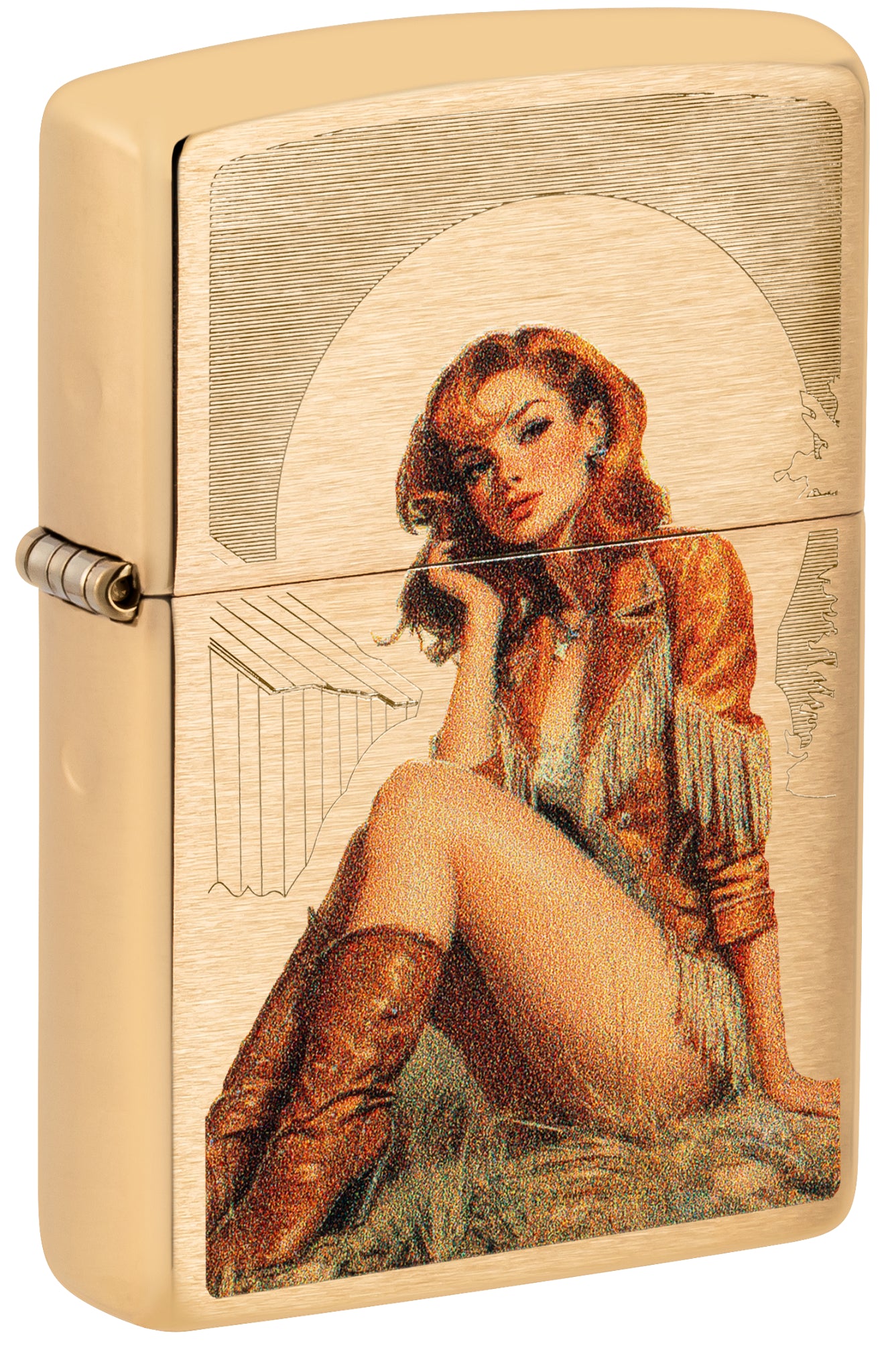 Front shot of Zippo Western Pinup Design Brushed Brass standing at a 3/4 angle.