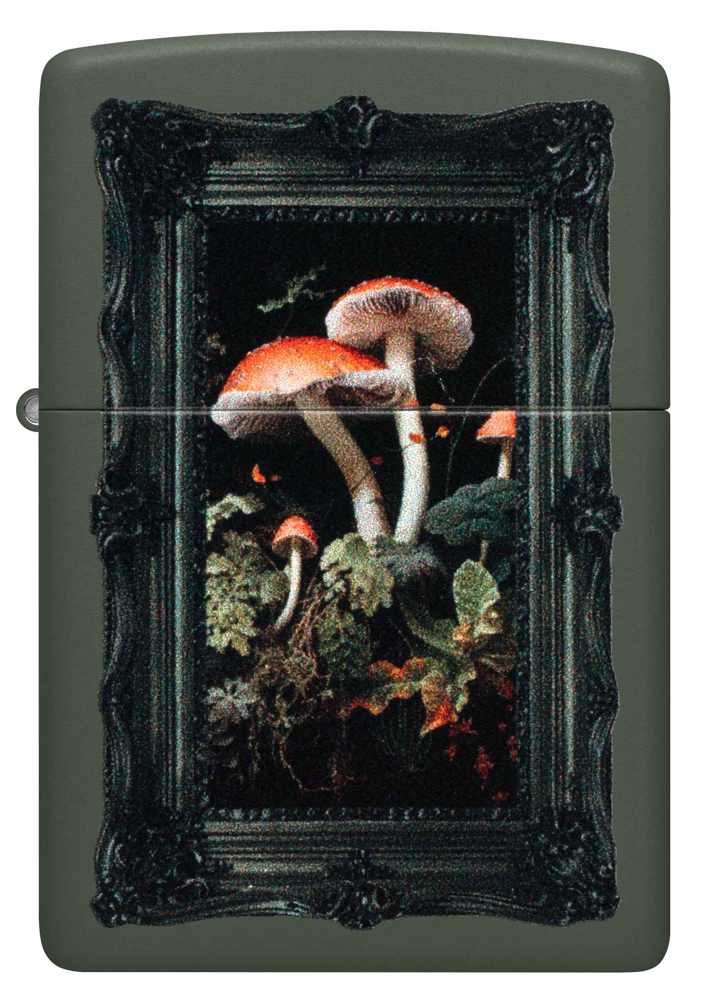 Front view of Zippo Framed Fungi Design Green Matte Windproof Lighter.