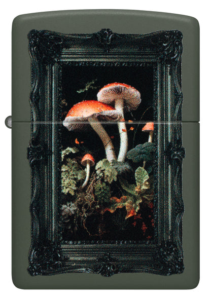 Front view of Zippo Framed Fungi Design Green Matte Windproof Lighter.