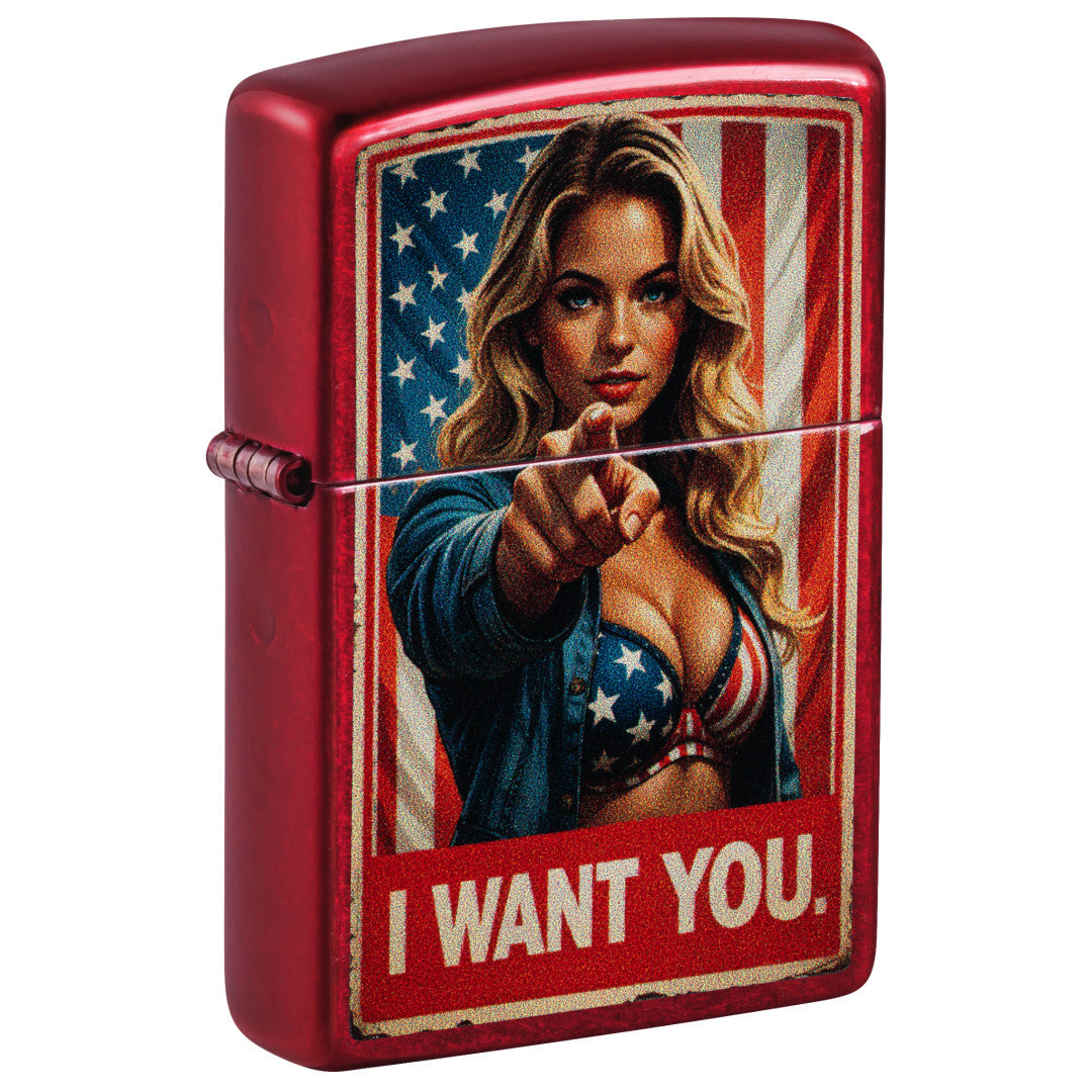 Front shot of Zippo I Want You Design Candy Apple Red Windproof Lighter standing at a 3/4 angle.