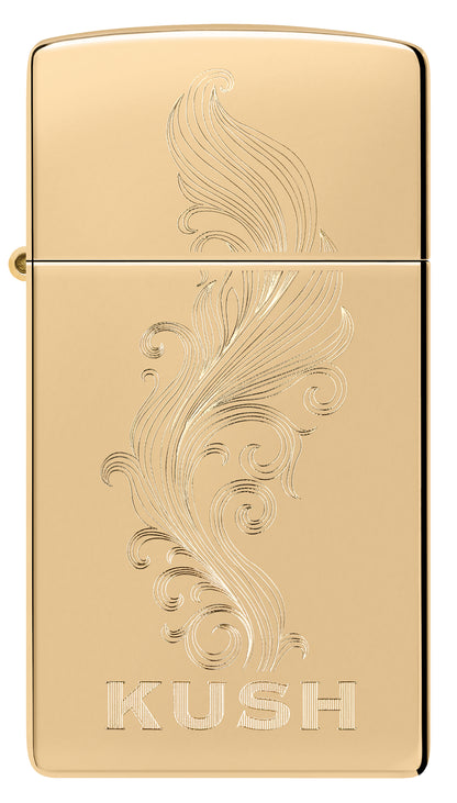 Front view of Zippo Slim® Kush Design High Polish Brass Windproof Lighter.