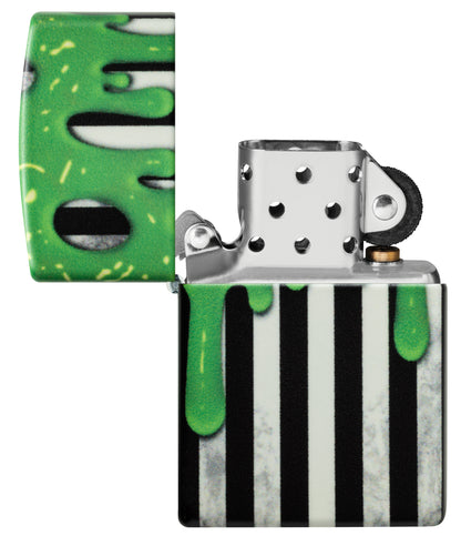 Zippo Glowing Goo Design Glow-in-the-Dark Green Windproof Lighter with its lid open and unlit.