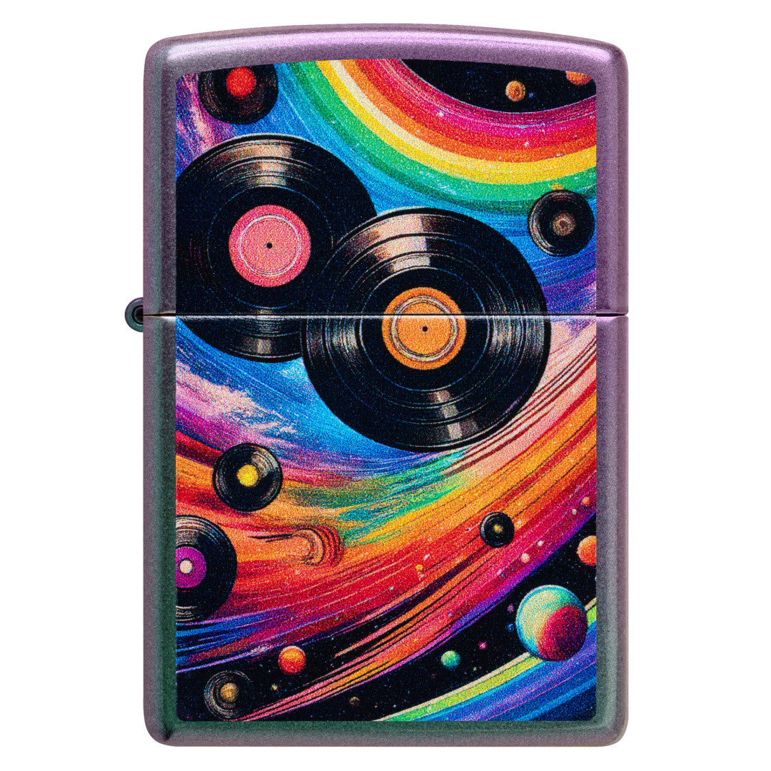 Front view of Zippo Rainbow Records Design Iridescent Windproof Lighter.