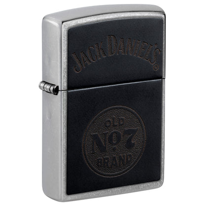 Front shot of Zippo Jack Daniel's Old No. 7 Leather Emblem Street Chrome Windproof Lighter standing at a 3/4 angle.