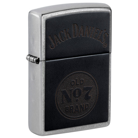 Front shot of Zippo Jack Daniel's Old No. 7 Leather Emblem Street Chrome Windproof Lighter standing at a 3/4 angle.