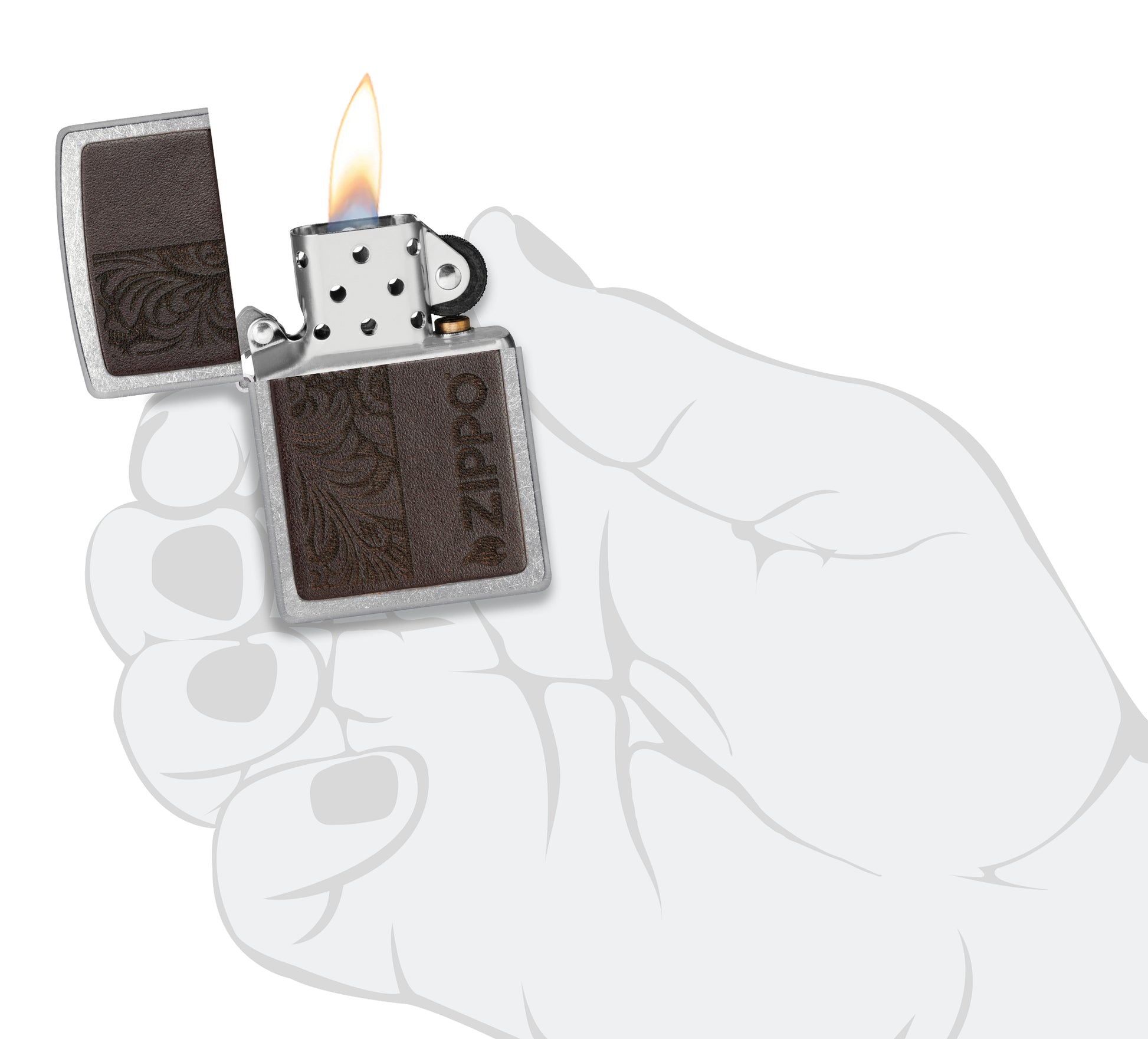 Zippo Brown Leather Emblem - Zippo Design Street Chrome Windproof Lighter lit in hand.