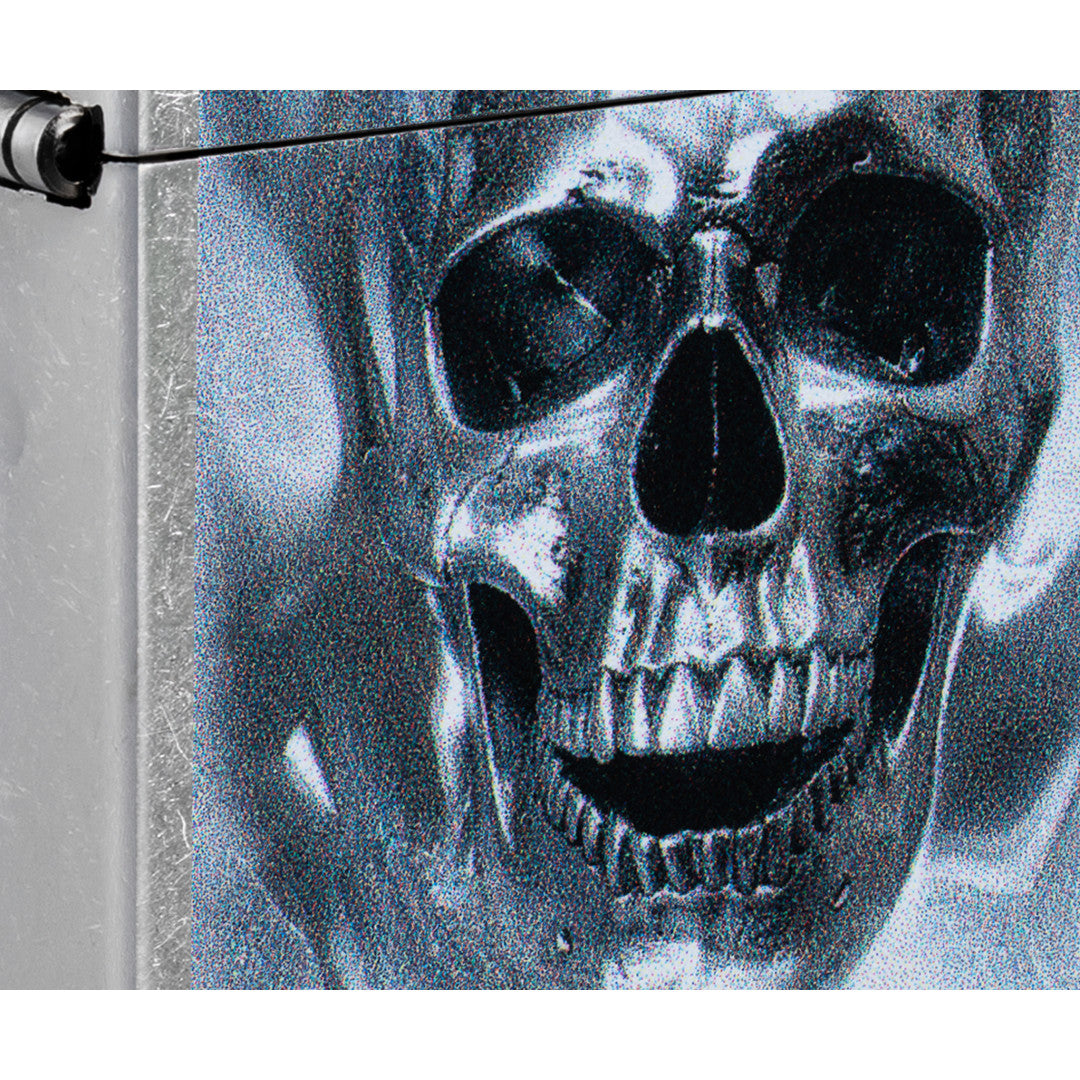 Front view of Zippo King Cranium Design Street Chrome Windproof Lighter close up to show the detail of the lighter.