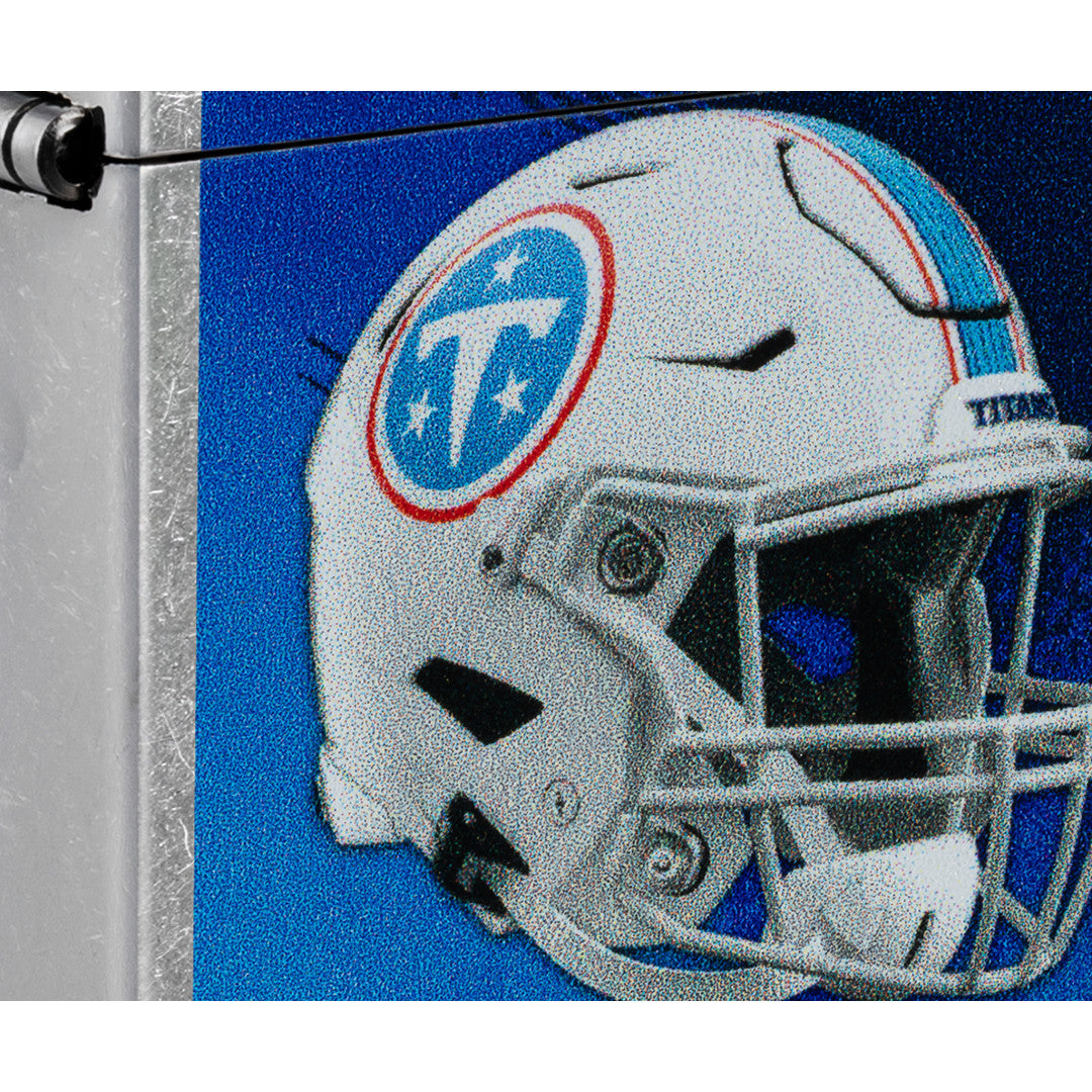 Front view of Zippo NFL Tennessee Titans Helmet Design Street Chrome Windproof Lighter close up to show the detail of the lighter.