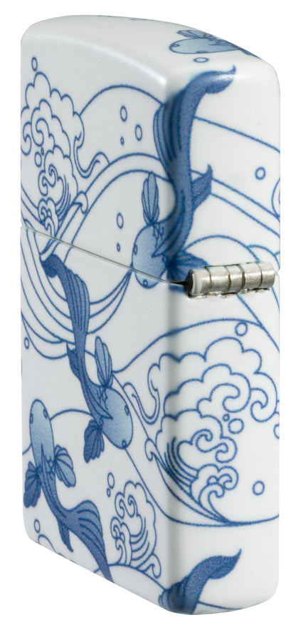 Angled shot of  Zippo Porcelain Koi Design 540 Matte Windproof Lighter showing the back and hinge side of the lighter.