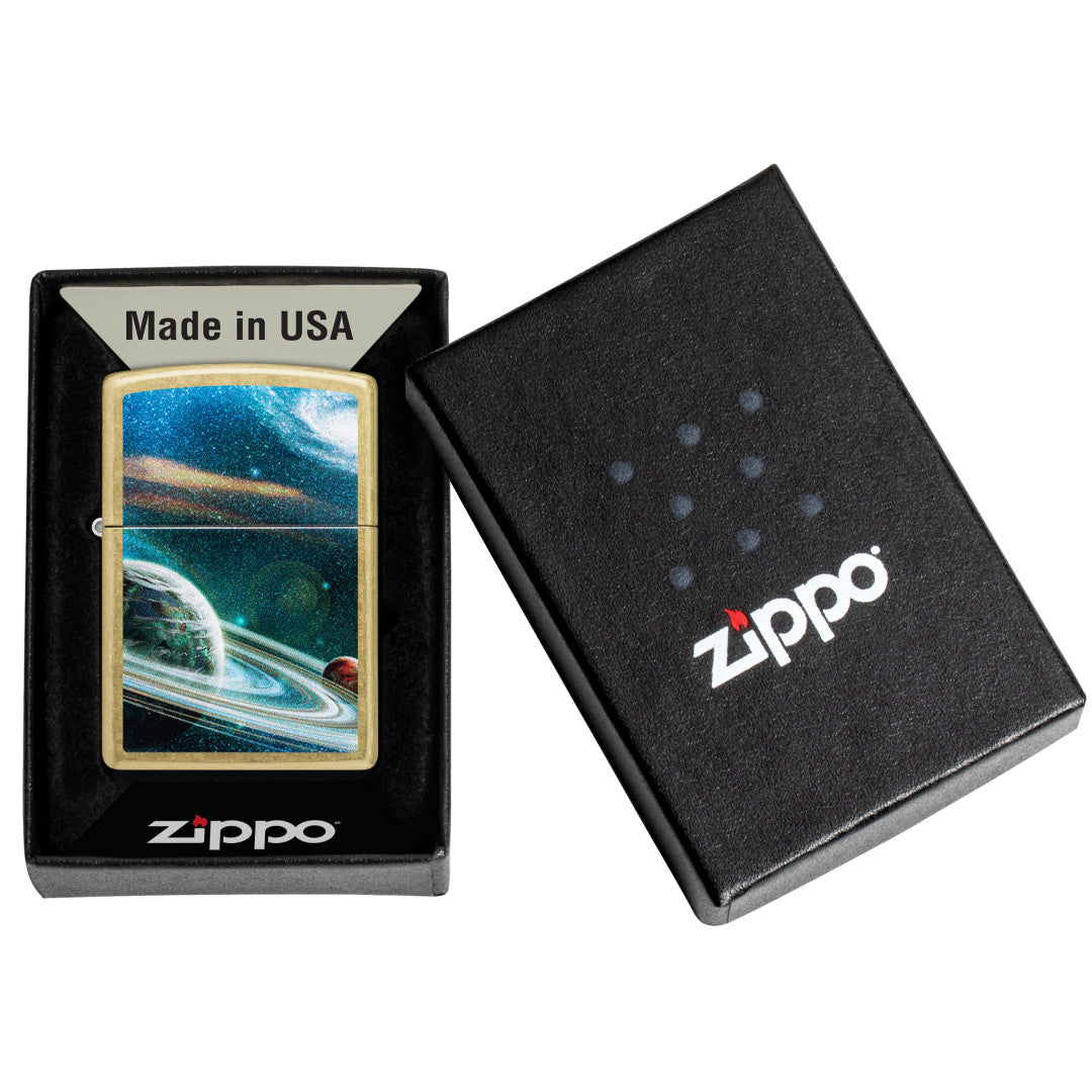 Zippo Space Rings Design Street Brass Windproof Lighter in its packaging.