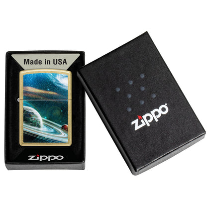 Zippo Space Rings Design Street Brass Windproof Lighter in its packaging.