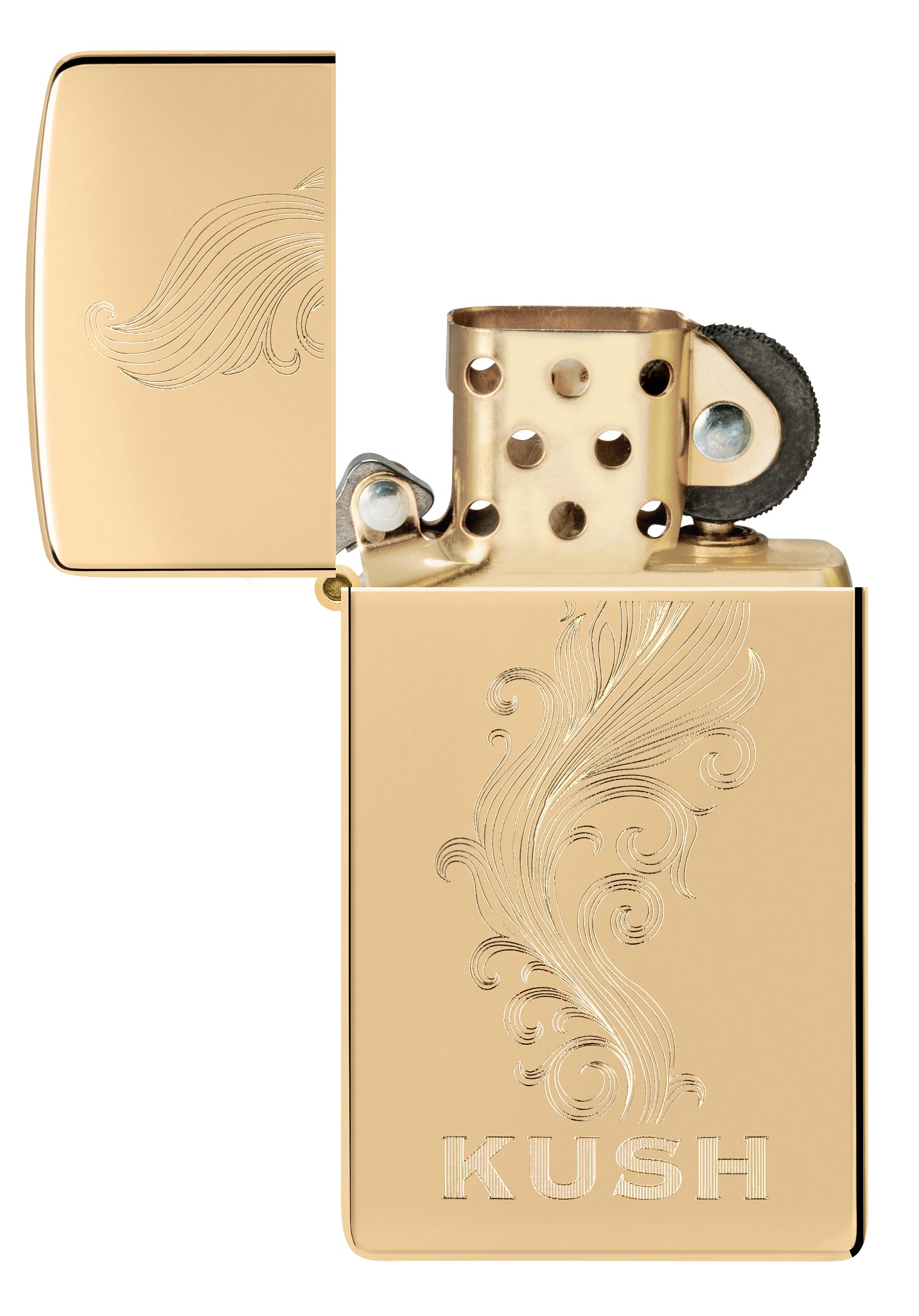 Zippo Slim® Kush Design High Polish Brass Windproof Lighter with its lid open and unlit.