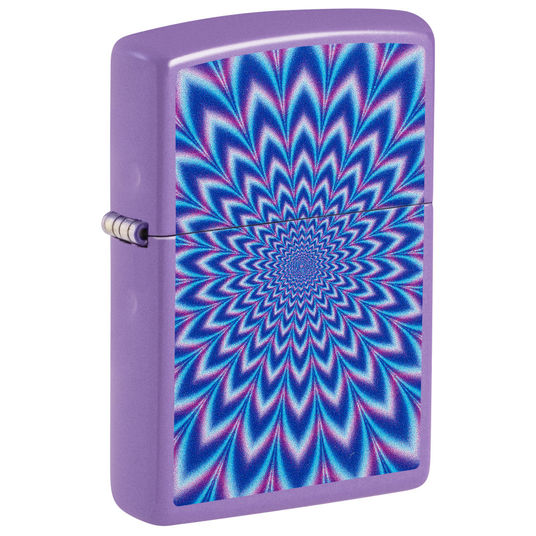 Front shot of Zippo Lavender Illusion Design Smoky Lavender Windproof Lighter standing at a 3/4 angle.