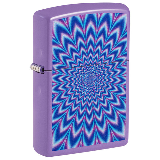 Front shot of Zippo Lavender Illusion Design Smoky Lavender Windproof Lighter standing at a 3/4 angle.