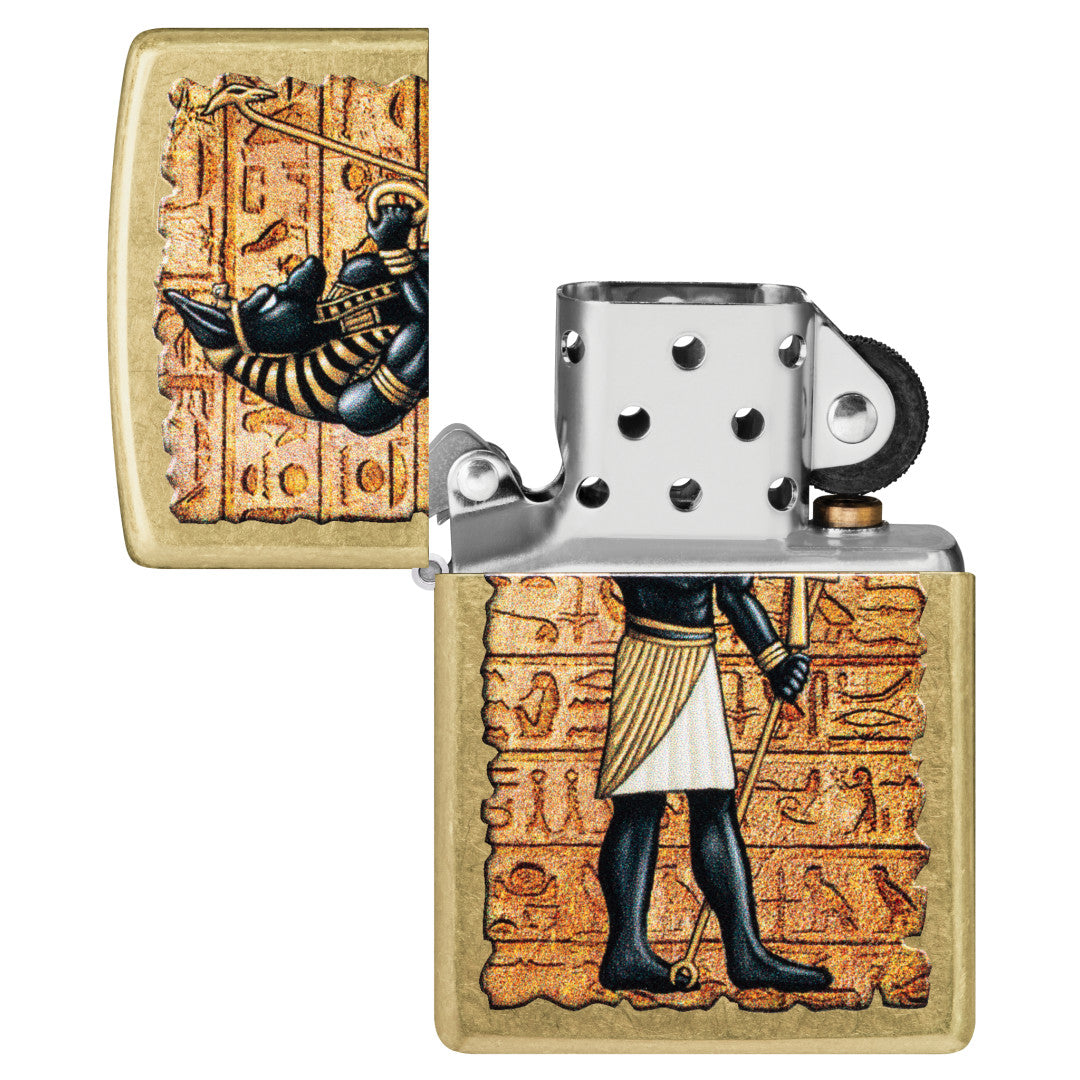 Zippo Guardian of Tombs Design Street Brass Windproof Lighter with its lid open and unlit.