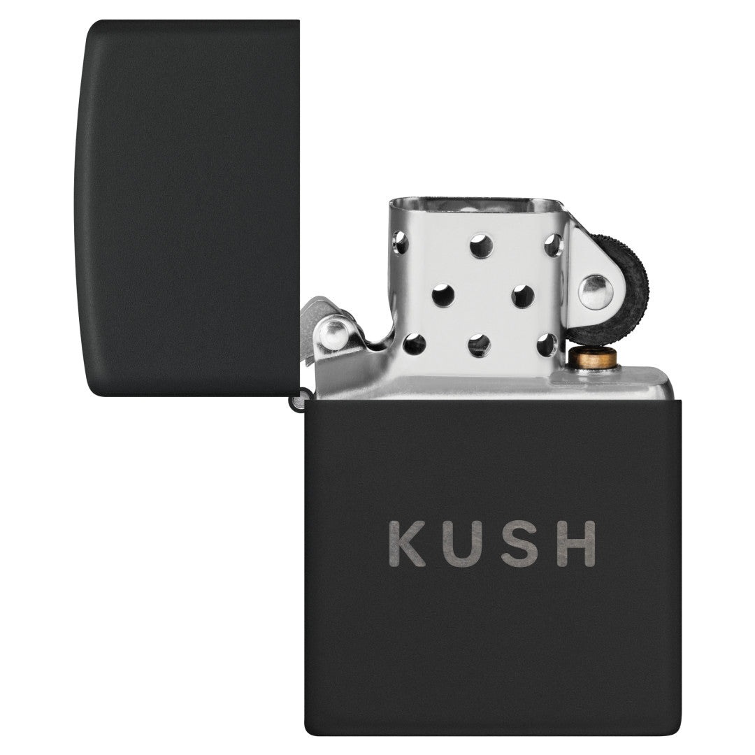 Zippo Kush Design Black Matte with Chrome Windproof Lighter with its lid open and unlit.