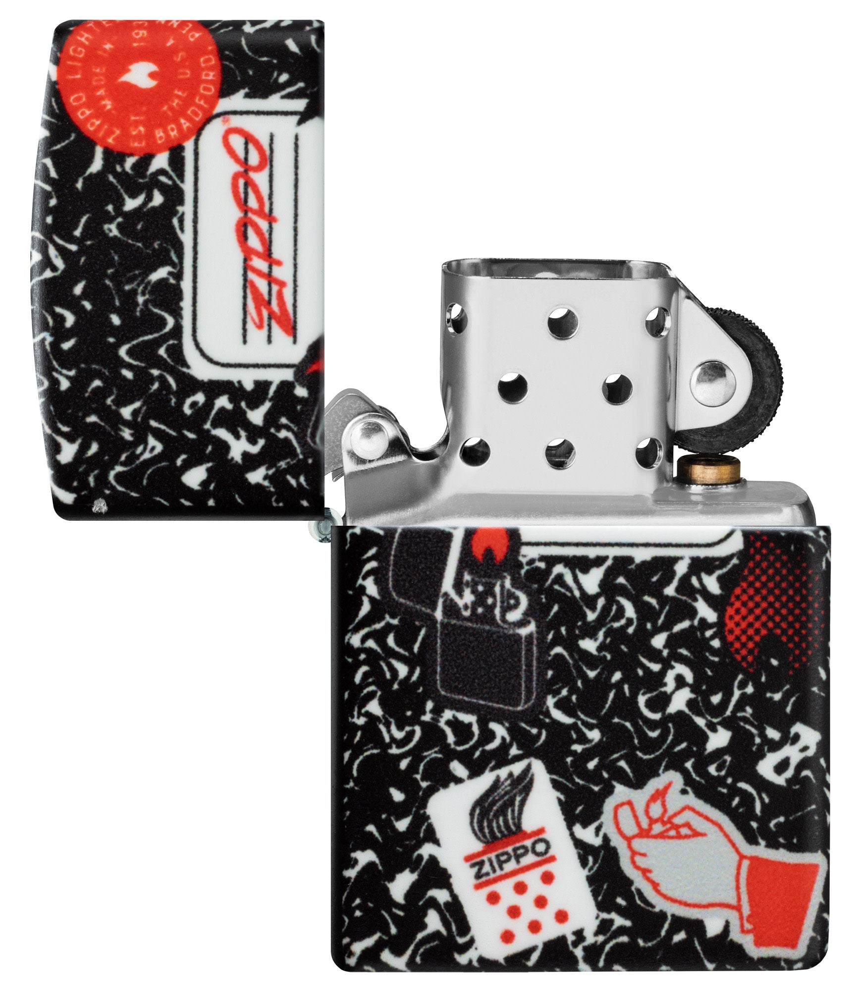 Zippo Notebook Design 540 Matte Windproof Lighter with its lid open and unlit.