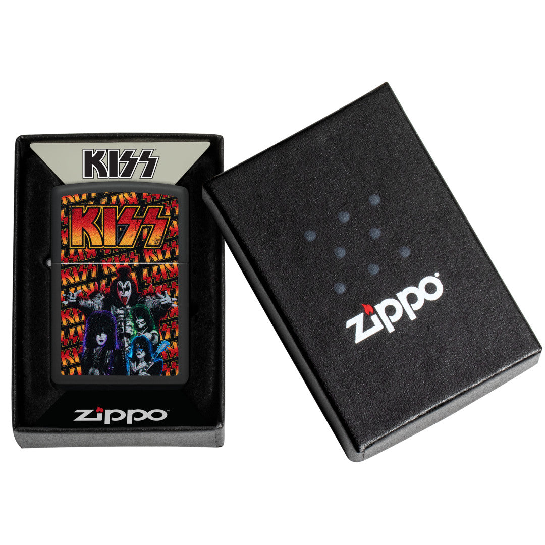Zippo KISS® Poster Design Black Matte Windproof Lighter in its packaging.