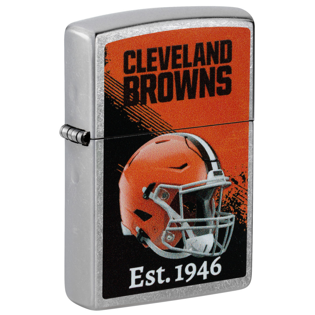 Front shot of Zippo NFL Cleveland Browns Helmet Design Street Chrome Windproof Lighter standing at a 3/4 angle.