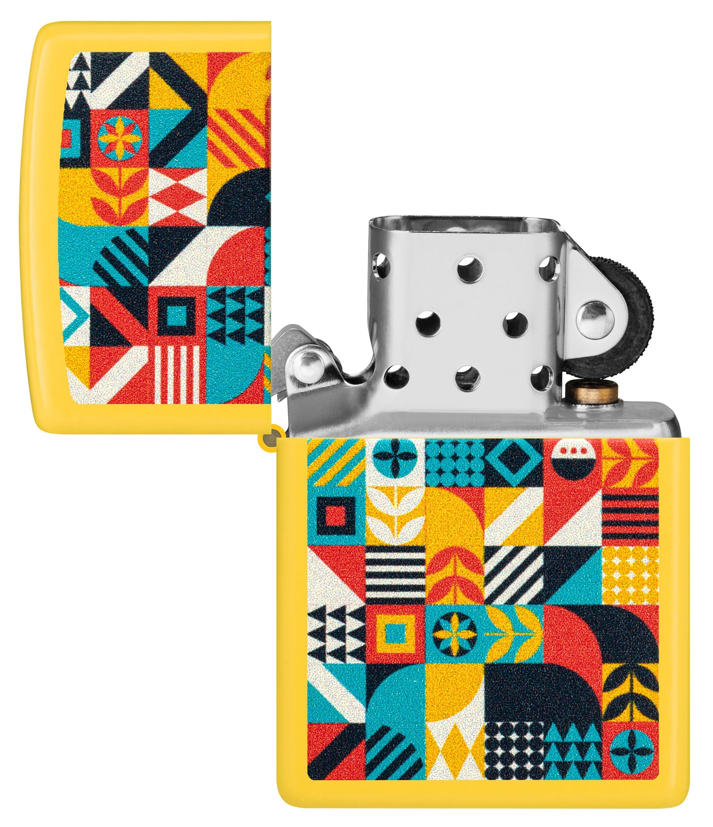 Zippo Barn Quilt Design Sunflower Windproof Lighter with its lid open and unlit.