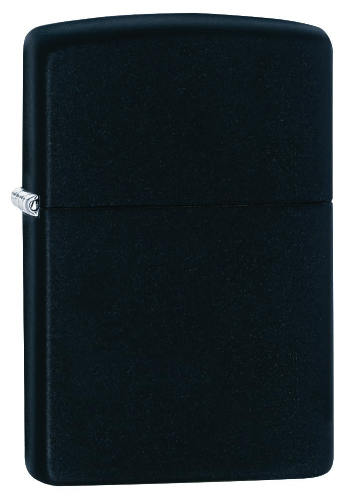 Front shot of Classic Black Matte Windproof Lighter standing at a 3/4 angle