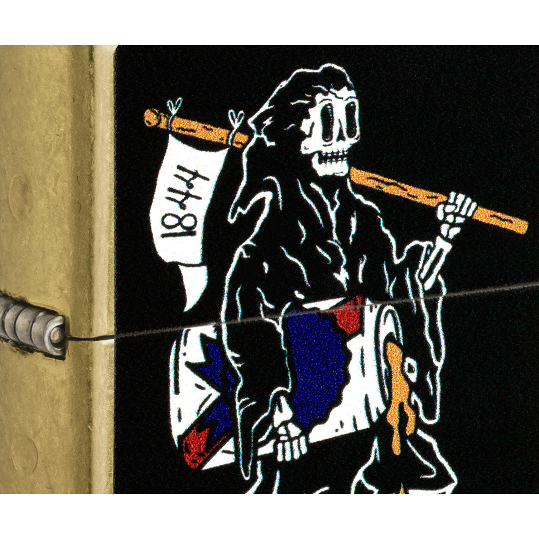 Front view of Zippo Pabst Blue Ribbon® Reaper Design Street Brass Windproof Lighter close up to show the detail of the lighter.