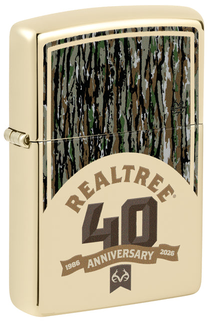 Front shot of Zippo Realtree® 40th Anniversary Design Champagne Windproof Lighter standing at a 3/4 angle.