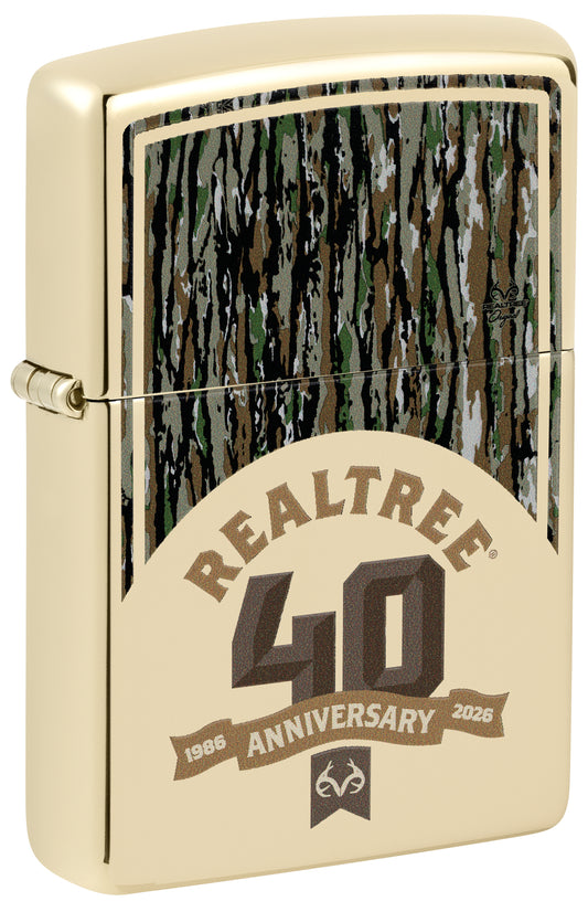 Front shot of Zippo Realtree® 40th Anniversary Design Champagne Windproof Lighter standing at a 3/4 angle.