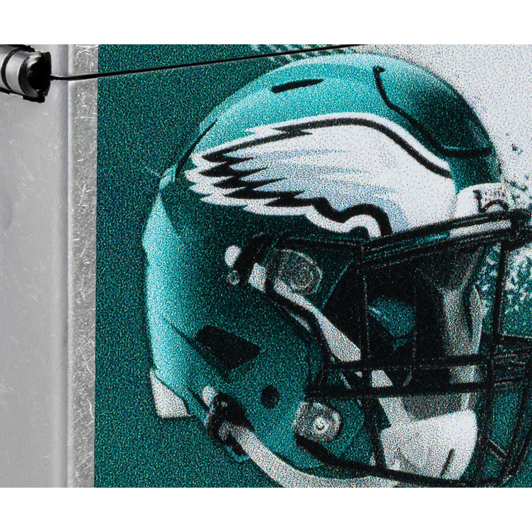 Front view of Zippo NFL Philadelphia Eagles Helmet Design Street Chrome Windproof Lighter close up to show the detail of the lighter.