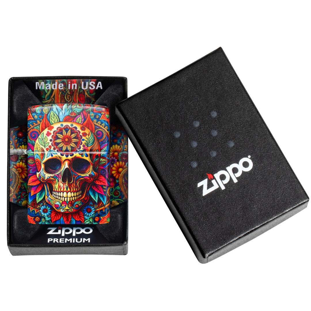 Zippo Day of the Dead Skull Design 540 Matte Windproof Lighter in its packaging.
