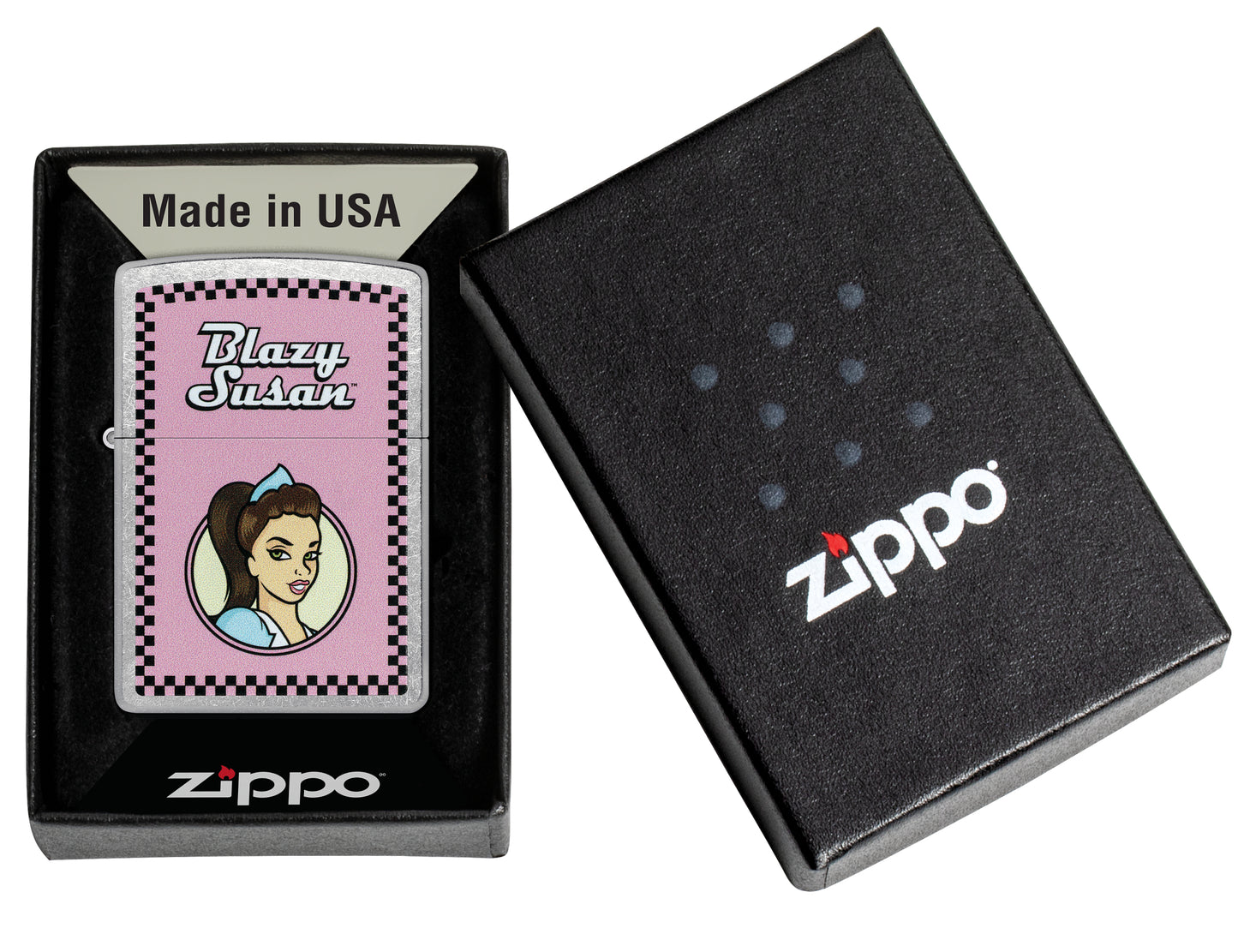 Zippo Blazy Susan™ Checker Design Street Chrome Windproof Lighter in its packaging.