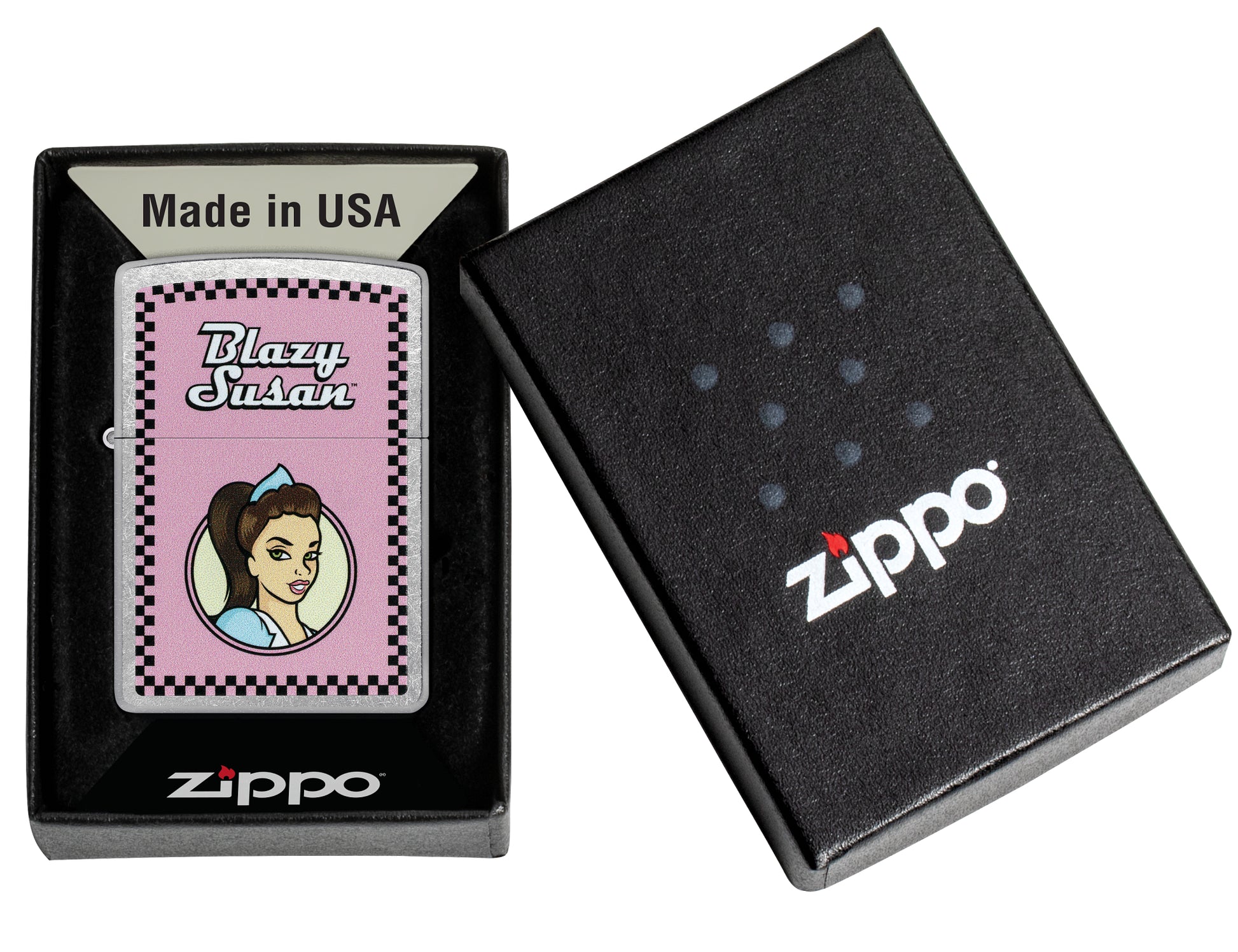 Zippo Blazy Susan™ Checker Design Street Chrome Windproof Lighter in its packaging.