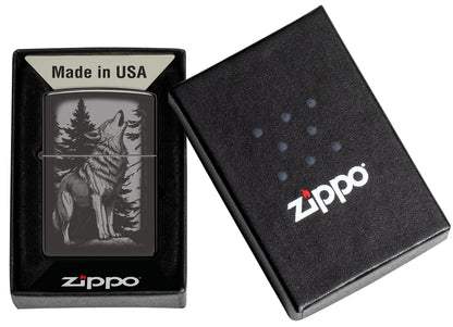 Zippo Howling Wolf Design High Polish Black Windproof Lighter in its packaging.
