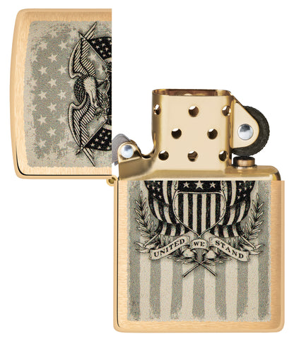 Zippo American Crest Design Brass Brushed Windproof Lighter with its lid open and unlit.